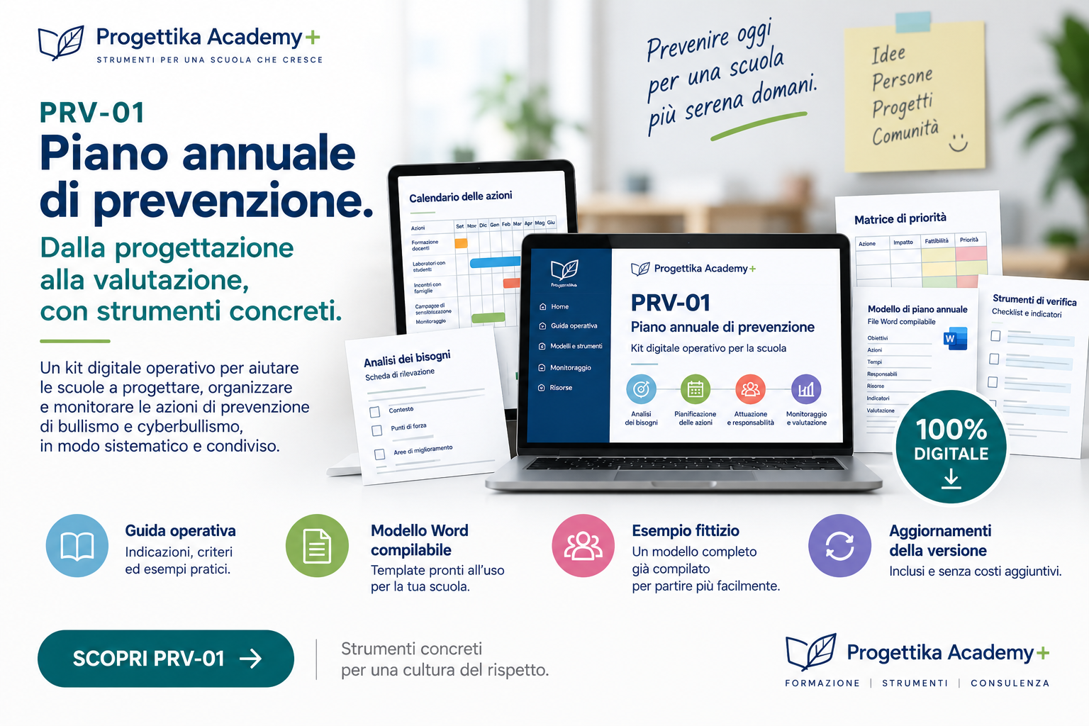 Mockup digitale di PRV-01 con piano annuale, modello Word e strumenti di prevenzione